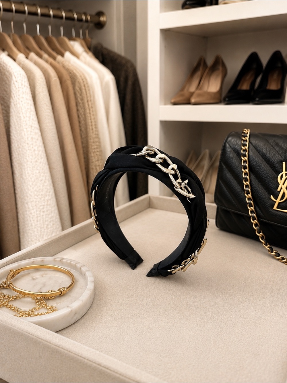 Black Chain-Accent Padded Headband - Luxury Women’s Accessory